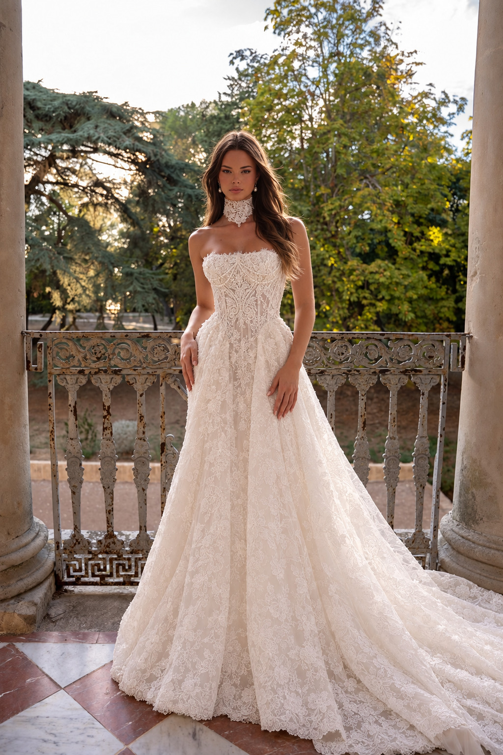 Mariée portant une robe blanche ornée de fleurs et un long voile